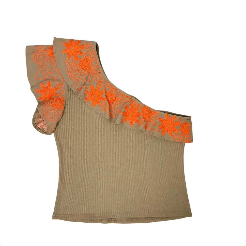 Dolan One Shoulder Tan Ribbed Knit Top Women’s L Orange Embroidered Floral Trim - Picture 4 of 10